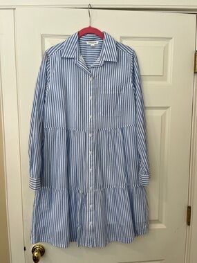 Beach Lunch Lounge Blue and White Striped Tiered Shirt Dress Small